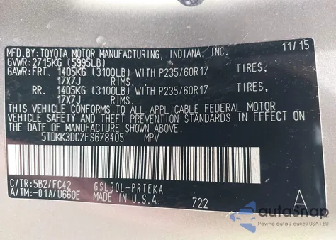 2015 Toyota Sienna Le 8 Passenger from USA, damaged, VIN 5TDKK3DC7FS678405
